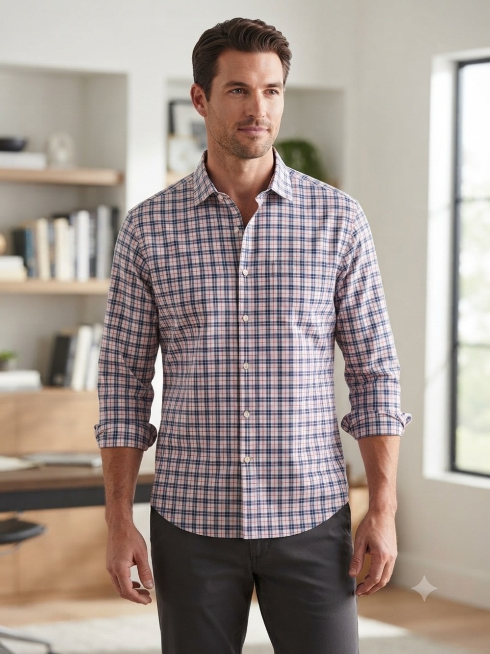 Mizzen+Main Leeward Performance Dress Shirt Trim Red White Blue Plaid